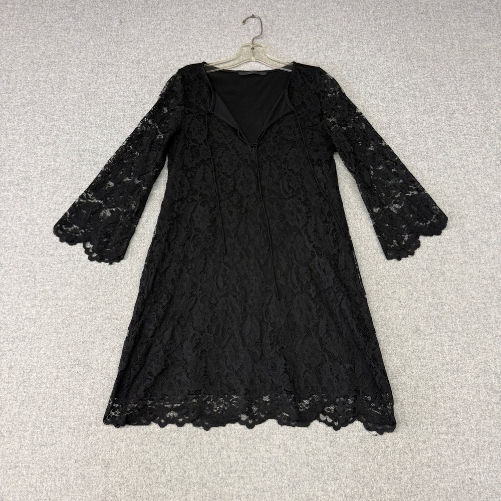 Zara Trafaluc Lace Mini Dress Small Black Long Bell Sleeve V-Neck Tie Shift 2670